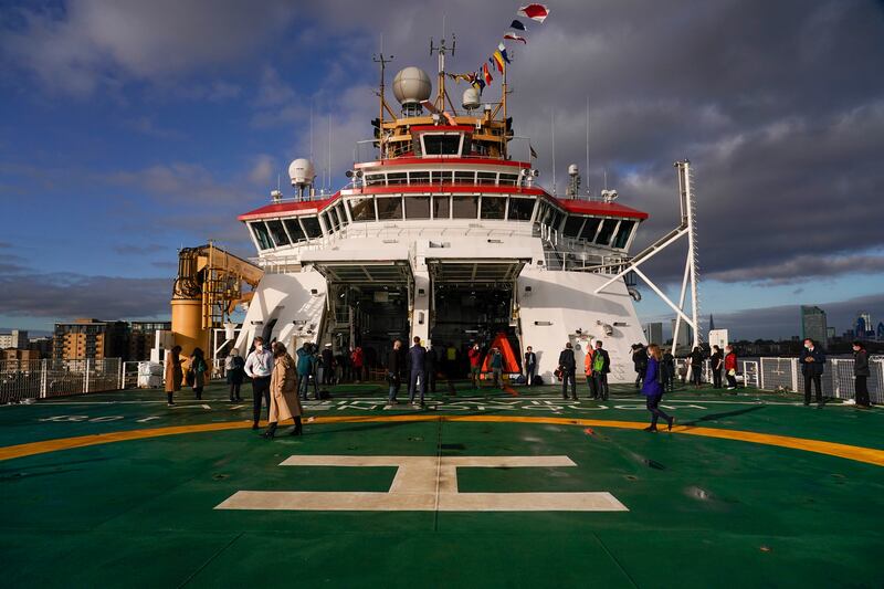 The heliport on the RRS Sir David Attenborough. Its maiden voyage to the Antarctic next month will be a trip aimed primarily at testing the ship's new technology and capability in arctic conditions. AP Photo