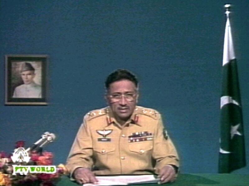 Mr Musharraf addresses the nation on state television on October 17, 1999, saying that army rule would last no longer than necessary but without giving a clear timeframe. Reuters