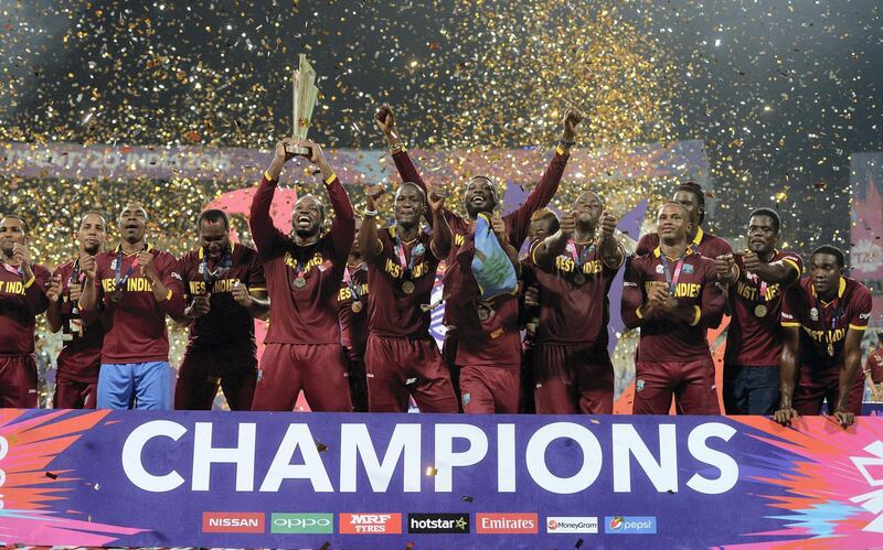 KOLKATA, WEST BENGAL - APRIL 03:  The West Indies lift the ICC World T20 trophy after winning the ICC World Twenty20 India 2016 Final between England and the West Indies at Eden Gardens on April 3, 2016 in Kolkata, India.  (Photo by Gareth Copley/Getty Images)