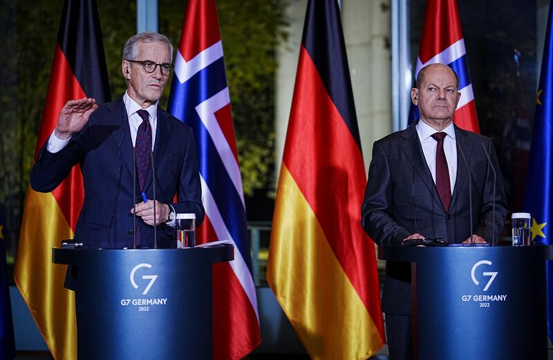 Norwegian Prime Minister Jonas Gahr Store, left, and German Chancellor Olaf Scholz in Berlin, Germany, on Wednesday. AP