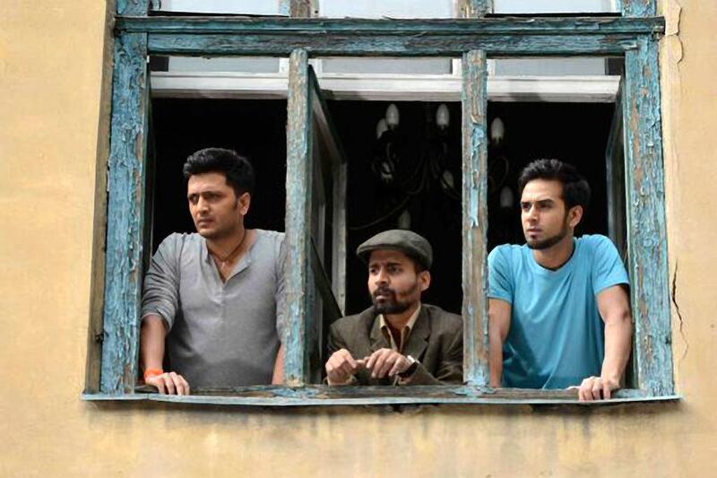 Riteish Deshmukh, left, and Pulkit Samrat, far right, in Bangistan. Courtesy Excel Entertainment