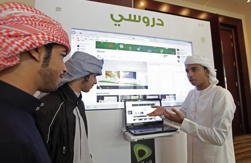 UAE youths (from right) Abdulla Alnoun, Saeed Rashed Saeed and Ahmed Saeed Alsareidi at the official launch of Duroosi - Etisalat’s Arabic online video tutorials on its YouTube channel. Jeffrey E Biteng / The National 