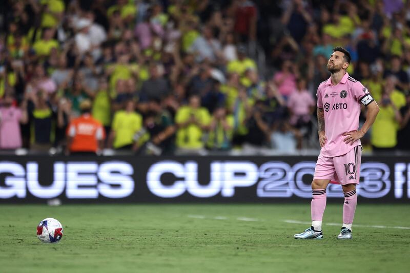 Lionel Messi prepares for his shot during penalty shootout in the Leagues Cup 2023 final. AFP