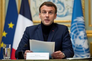 French President Emmanuel Macron speaks during a video conference with international partners to discuss humanitarian aid for financially-strapped Lebanon, at the Elysee Palace in Paris, France December 2, 2020. REUTERS