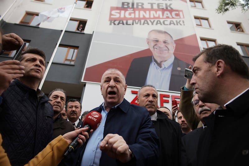 Umit Ozdag, the leader of the nationalist Victory Party, speaks to the media before police blocked his attempt to march to the Interior Ministry to confront Suleyman Soylu, the interior minister, in Ankara, on May 6. AP