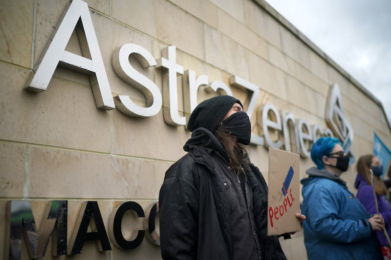People protest outside the AstraZeneca site in Macclesfield, north-west England. Prof Sir John Bell has said damage to the reputation of AstraZeneca's Covid-19 vaccine, with widely reported links to rare blood clotting, led to the deaths of hundreds of thousands of people. Getty Images