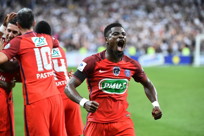 Paris Saint-Germain's Ivorian defender Serge Aurier reacts after a goal  during the French Cup final football match between Paris Saint-Germain (PSG) and Angers (SCO) on May 27, 2017, at the Stade de France in Saint-Denis, north of Paris. / AFP PHOTO / JEAN-FRANCOIS MONIER