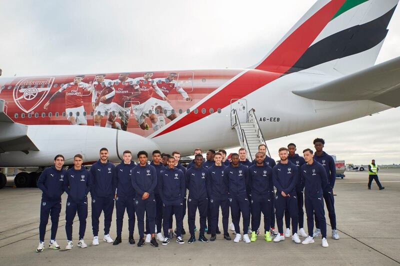 The Arsenal squad jetting off to the UAE in an Emirates A380 in March 2019. Courtesy Emirates