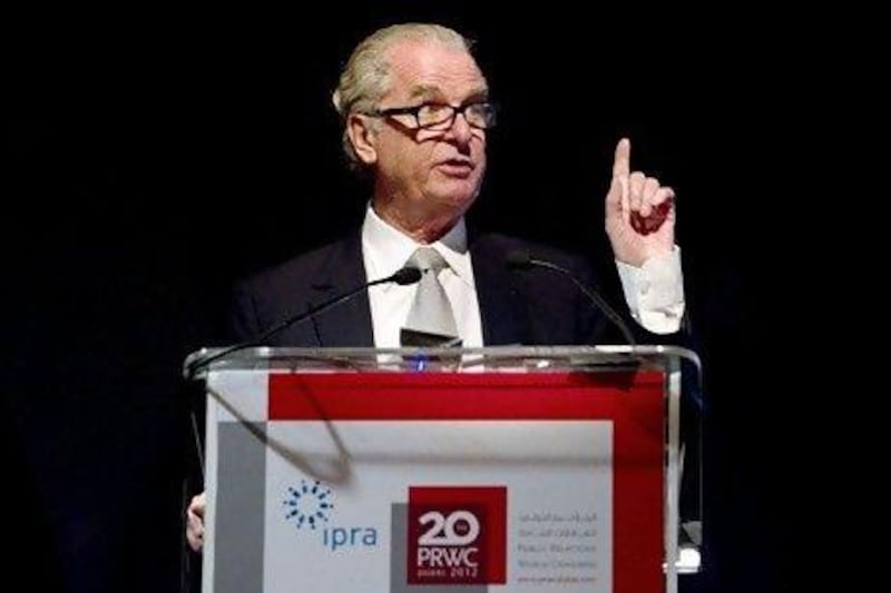 "We don't want people who are obsessed with technology, because they'll forget the message is more important than the distribution system," says the Chime Communications chairman, Lord Bell, above, at the Public Relations World Congress in Dubai. Christopher Pike / The National