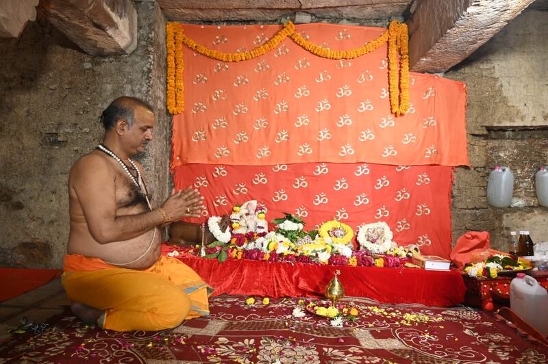 A Hindu priest prays in the cellar of the Gyanvapi Mosque in Varanasi, Uttar Pradesh, on Thursday. Photo: Vishnu Shankar Jain
