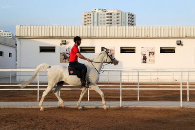 DUBAI , UNITED ARAB EMIRATES , February 10 – 2019 :- Mohammed Al Tajer Al Shamsi  during his training at the Al Ahli Horse Riding Club in Dubai. He won the equestrian medals for the UAE in various competitions.  ( Pawan Singh / The National ) For News/Instagram/Big Picture. Story by Ramola