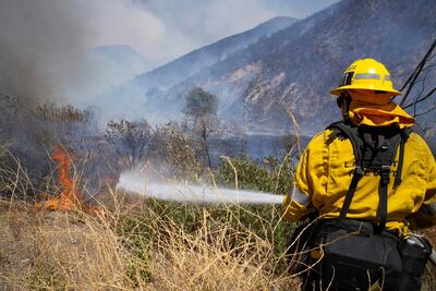A firefighter puts water to flames at a brush fire along Bouquet Canyon road in Saugus, Calif., Thursday, Aug. 6, 2020. A brush fire in Saugus is threatening structures and prompting evacuations Thursday, the U.S. Forest Service said. (David Crane/The Orange County Register/SCNG via AP)