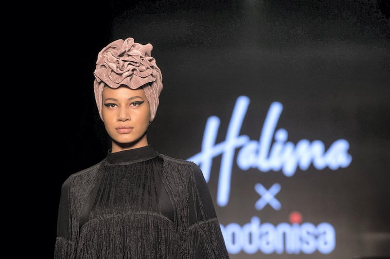 A hijab by Halima Aden x Modanisa at Istanbul modest fashion week 