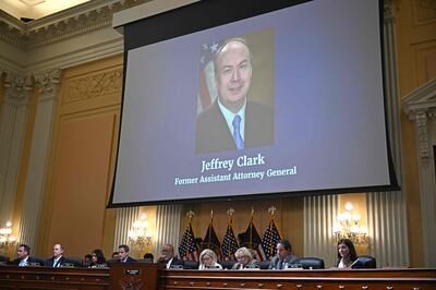 An image of former Justice Department official Jeffrey Clark is seen on a screen during a January 6 Committee public hearing. AFP