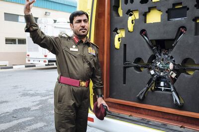 17.02.19_ Sulaiman A. Karim Albulooshi showing a drone used to help in crisis situations and fires. At the Directorate General of Civil Defence, Al Qusais, Dubai. Anna Nielsen for the National