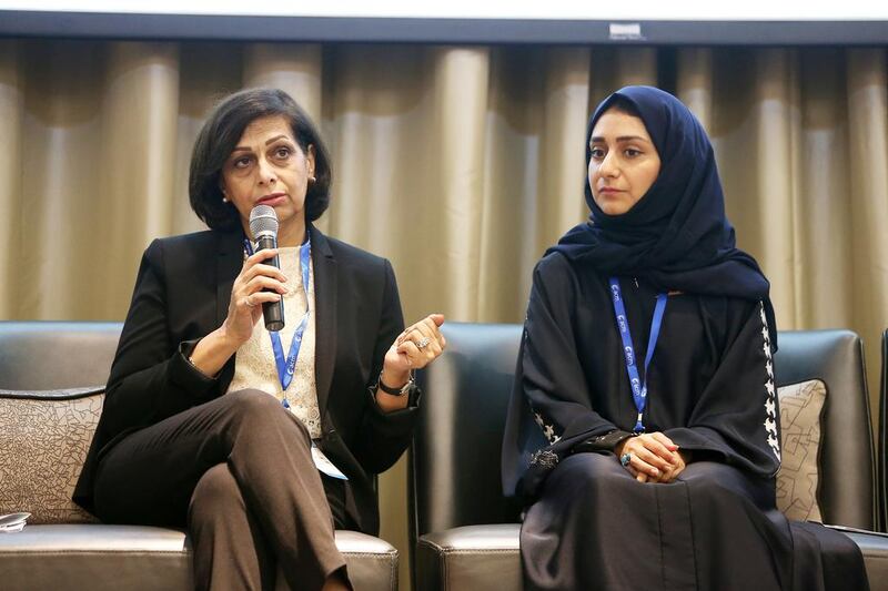 Dr Mahshid Salehi, left, director of the Dubai Centre for Special Needs, and Dr Sara Mohammad, manager of transport integration at RTA, during a panel discussion in the Future Accessibility and Assistive Technology Summit in Dubai. Pawan Singh / The National