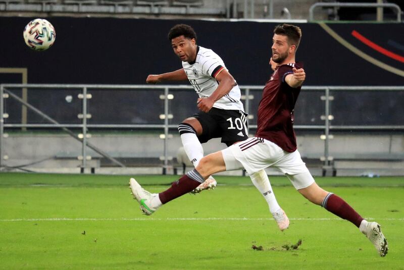 Germany's Serge Gnabry scores their fifth goal. Reuters