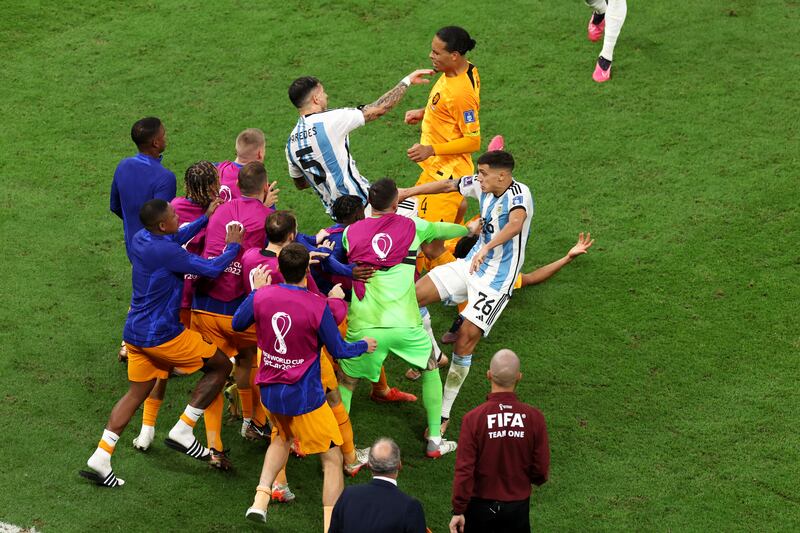 Tempers fray late in the game after Leandro Paredes booted the ball at the Dutch bench. Getty