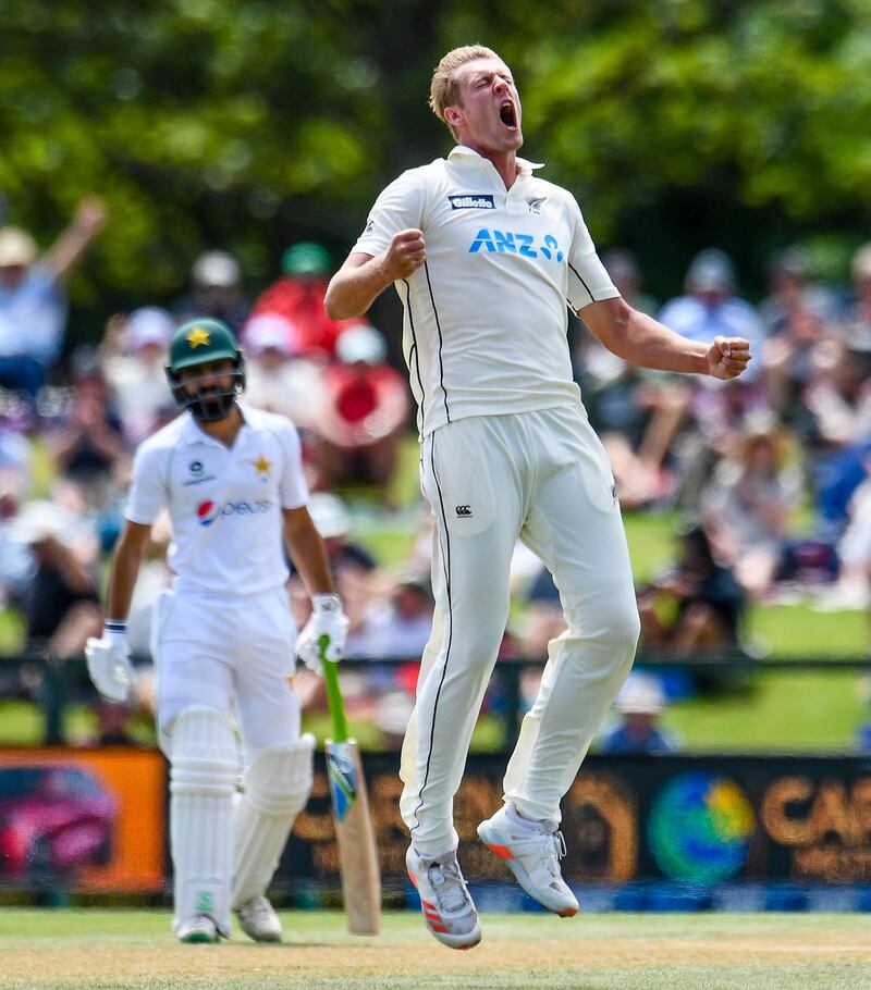 New Zealand's Kyle Jamieson celebrates after bowling Mohammad Rizwan, who was out for 10. Jamieson finished the match with 11 wickets and was the series' leading wicket-taker with 16. AP