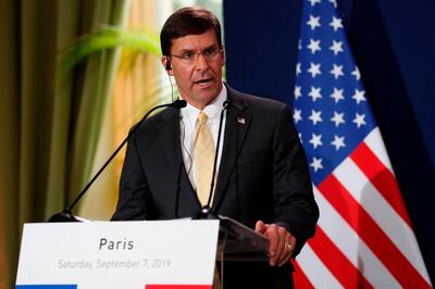 (FILES) In this file photo taken on September 07, 2019 US Secretary of Defense Mark Esper (L) holds a press conference with French army minister following their meeting at the French Defence ministry in Paris. Defense Secretary Mark Esper said September 20, 2019 that the United States will send reinforcements to the Gulf at the request of Saudi Arabia and the United Arab Emirates, following attacks on Saudi oil facilities which it attributes to Iran. / AFP / Zakaria ABDELKAFI
