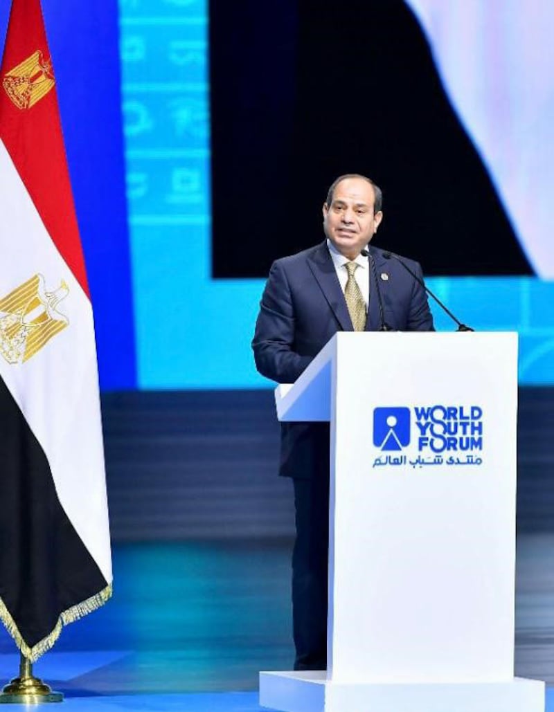President Abdel Fattah El Sisi delivers his opening remarks at the World Youth Forum on Monday in the Red Sea resort city of Sharm El Sheikh. Photo: The Arab Republic of Egypt Presidency