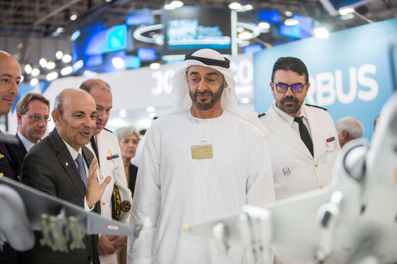 Dubai, United Arab Emirates- HH Sheikh Mohammed bin Zayed Al Nahyan crown pince of Abu Dhabi visiting one of the stand  at the Dubai Airshow 2019 at Maktoum Airport.  Leslie Pableo for the National