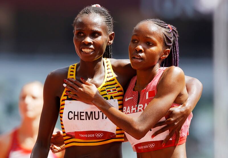 Winfred Mutile Yavi, right, of Bahrain will be in action in women's 3000m steeplechase at the Tokyo Olympics. EPA