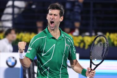 epa08259659 Novak Djokovic of Serbia celebrates after winning his final match against Stefanos Tsitsipas of Greece at the Dubai Duty Free Tennis ATP Championships 2020 in Dubai, United Arab Emirates, 28 February 2020. EPA/ALI HAIDER