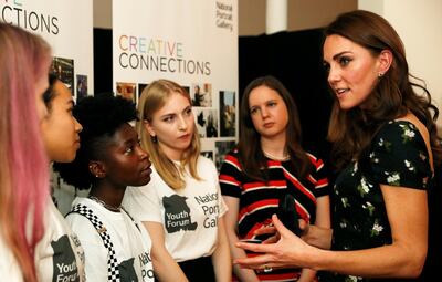 LONDON, ENGLAND - MARCH 12: Catherine, Duchess of Cambridge speaks to members of the National Portrait Gallery youth forum as she attends the 2019 Portrait Gala at the National Portrait Gallery on March 12, 2019 in London, England. (Photo by John Sibley-WPA Pool / Getty Images)