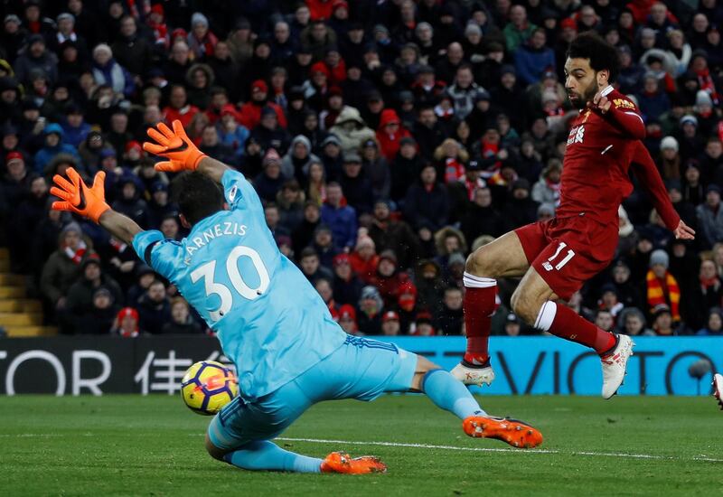 Mohamed Salah scores against Watford on March 17, 2018 at Anfield. Action Images via Reuters / Lee Smith