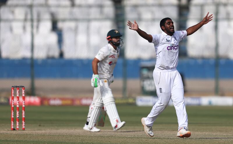 Rehan Ahmed of England celebrates after taking the wicket of Mohammad Rizwan of Pakistan. Getty