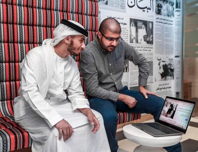 Dubai, U.A.E., August 9,2018.  A free Arabic digital skills service from Google has seen a huge uptake from young people since it launched in April.  (R-L) Hazem Albalushi and Yunes Gaber have benefited from the course.
Victor Besa / The National
Section:  NA
Reporter:  Nick Webster