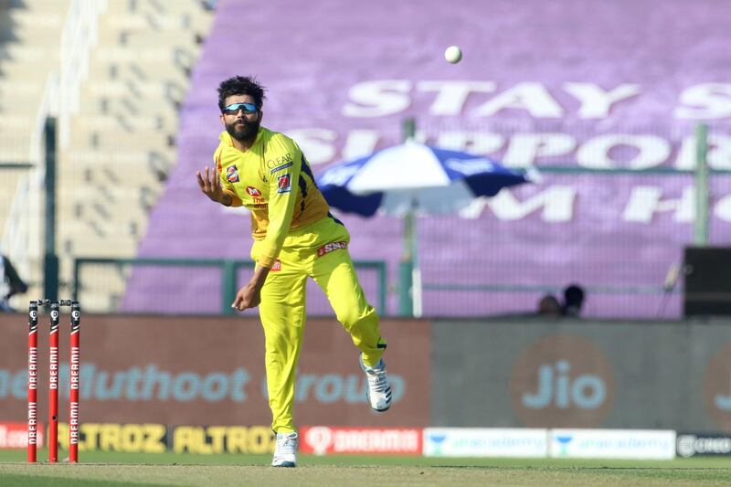 Ravindra Jadeja of Chennai Superkings bowls during match 53 of season 13 of the Dream 11 Indian Premier League (IPL) between the Chennai Super Kings and the Kings XI Punjab at the Sheikh Zayed Stadium, Abu Dhabi  in the United Arab Emirates on the 1st November 2020.  Photo by: Vipin Pawar  / Sportzpics for BCCI