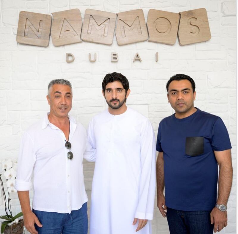 Nammos Dubai is another Greek restaurant to come to Sheikh Hamdan's attention. There, at Four Seasons Resort Dubai, he met Nammos World founder Ibrahim Samy, left, and Mohammed Akif Raza. Photo: Instagram / @nammos.dubai