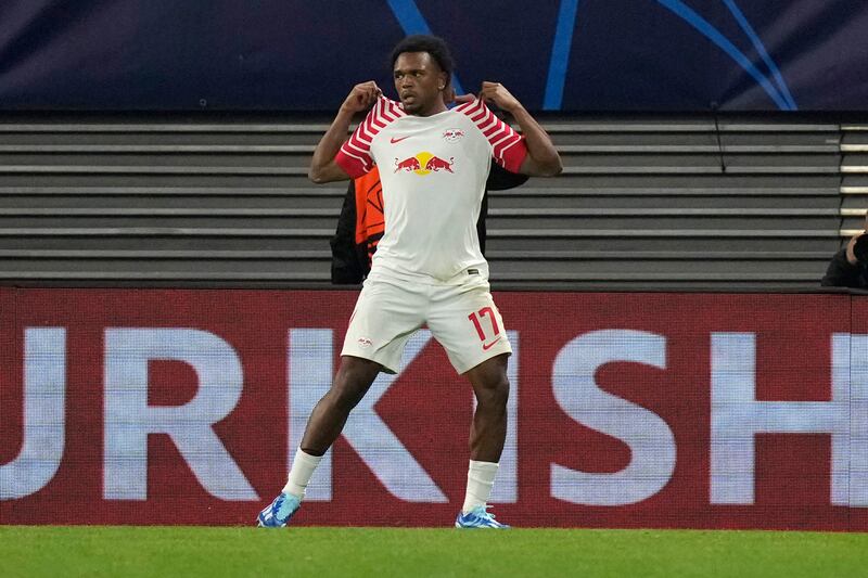 Leipzig's Lois Openda celebrates after scoring his side's first goal. AP 