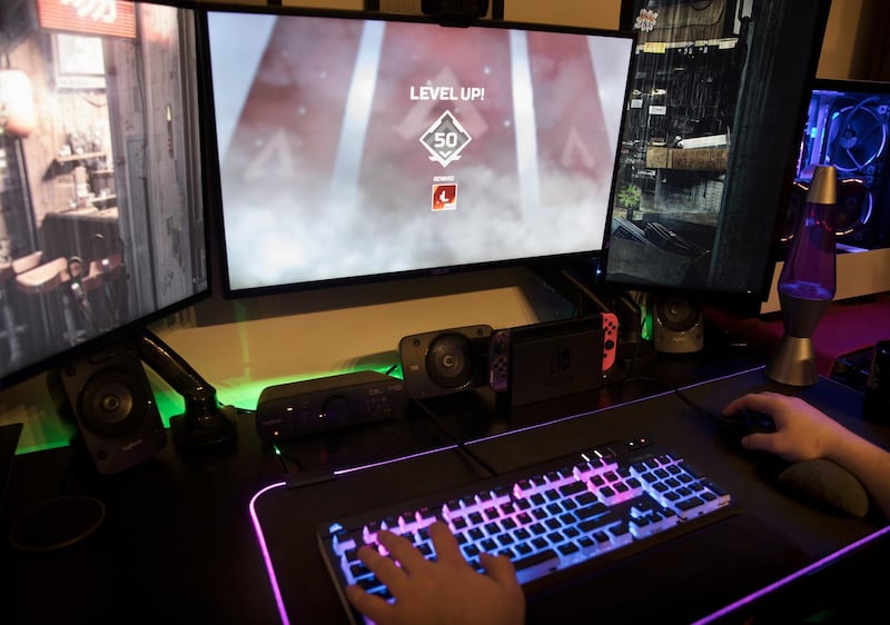 This Wednesday, March 6, 2019, photo shows a "Level up!" screen as a gamer plays "Apex Legends" in Jersey City, N.J. Electronic Artsâ€™ â€œApex Legendsâ€ got 50 million players worldwide in its first four weeks. (AP Photo/Jenny Kane)