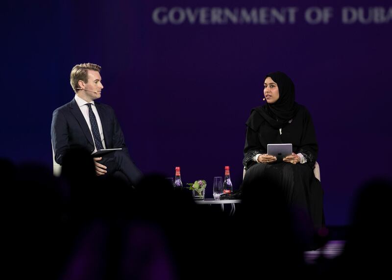 DUBAI, UNITED ARAB EMIRATES. 16 FEBRUARY 2020. 
GLOBAL GENDER BALANCE: BETWEEN RESPONSIBILITY AND RESPONSIVENESS session at Global Women’s Forum Dubai.
DAN MURPHY Correspondent, CNBC, left, and H.E. HESSA BUHUMAID’ Minister of Community Development – UAE
(Photo: Reem Mohammed/The National)

Reporter:
Section: