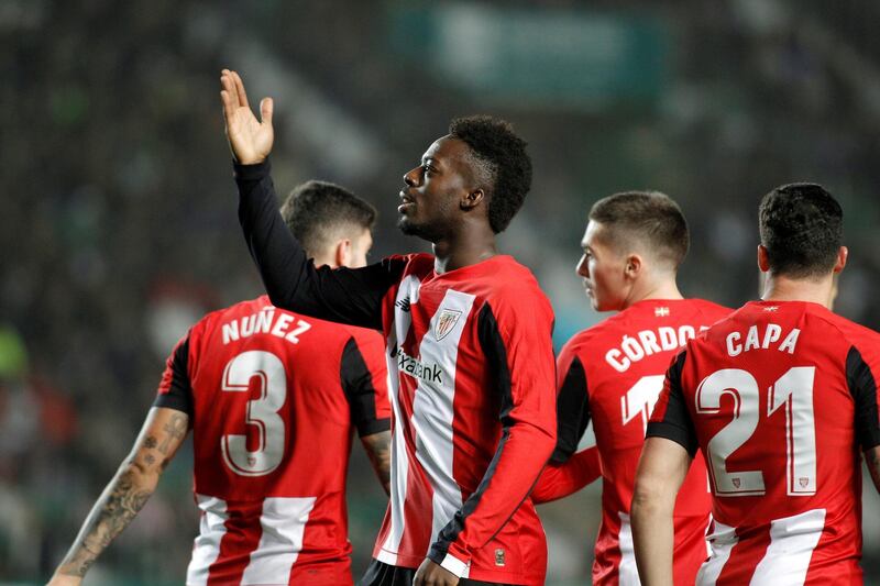 epa08151793 Ahtletic Club Bilbao's Spanish striker Inaki Williams (2-L) celebrates after scoring the 0-1 during their the King's Cup round of 32 soccer match between Elche CF and Athletic Club Bilbao at Manuel Martinez Valero stadium in Elche, Spain, 22 January 2020.  EPA/Morell