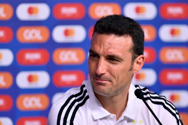 Argentina manager Lionel Scaloni speaks to reporters during a press conference at the Mineirao Stadium ahead of the Paraguay match. AFP