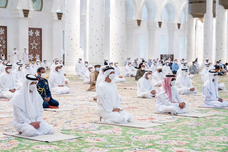 ABU DHABI, UNITED ARAB EMIRATES - May 13, 2021: (L-R) HH Sheikh Hazza bin Zayed Al Nahyan, Vice Chairman of the Abu Dhabi Executive Council, HH Sheikh Mohamed bin Zayed Al Nahyan, Crown Prince of Abu Dhabi and Deputy Supreme Commander of the UAE Armed Forces, HH Sheikh Tahnoon bin Zayed Al Nahyan, UAE National Security Advisor and HH Sheikh Nahyan bin Mubarak Al Nahyan, UAE Minister of State for Tolerance, attend Eid Al Fitr prayers at the Sheikh Zayed Grand Mosque. 

( Mohamed Al Hammadi / Ministry of Presidential Affairs )
---