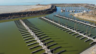 Docks are shown empty at the Great Salt Lake Marina in January. The boats were removed last year to keep them from getting stuck in the mud. AP