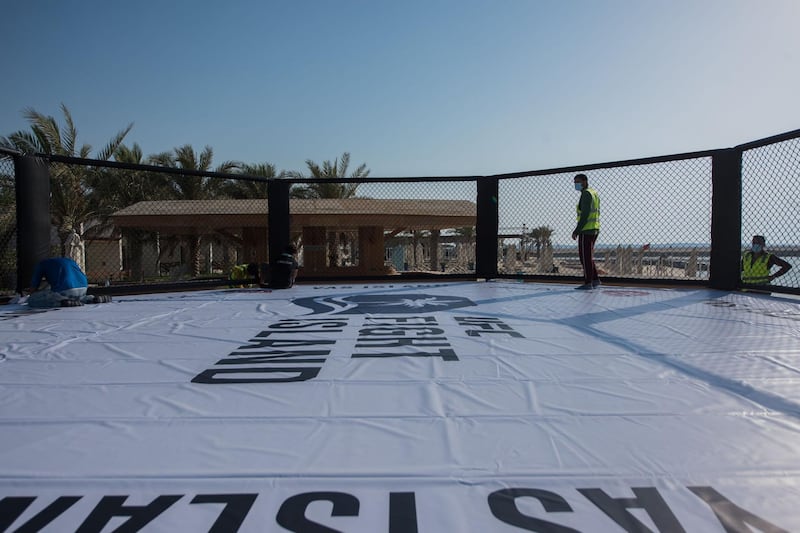 An octagon on the beach on Yas Island ahead of UFC Fight Island. Credit: DCT-Abu Dhabi