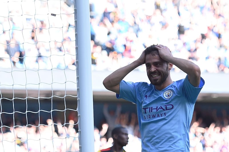 Manchester City's Portuguese midfielder Bernardo Silva celebrates after he scores the team's seventh goal during the English Premier League football match between Manchester City and Watford at the Etihad Stadium in Manchester, north west England, on September 21, 2019. RESTRICTED TO EDITORIAL USE. No use with unauthorized audio, video, data, fixture lists, club/league logos or 'live' services. Online in-match use limited to 120 images. An additional 40 images may be used in extra time. No video emulation. Social media in-match use limited to 120 images. An additional 40 images may be used in extra time. No use in betting publications, games or single club/league/player publications.
 / AFP / Oli SCARFF                           / RESTRICTED TO EDITORIAL USE. No use with unauthorized audio, video, data, fixture lists, club/league logos or 'live' services. Online in-match use limited to 120 images. An additional 40 images may be used in extra time. No video emulation. Social media in-match use limited to 120 images. An additional 40 images may be used in extra time. No use in betting publications, games or single club/league/player publications.
