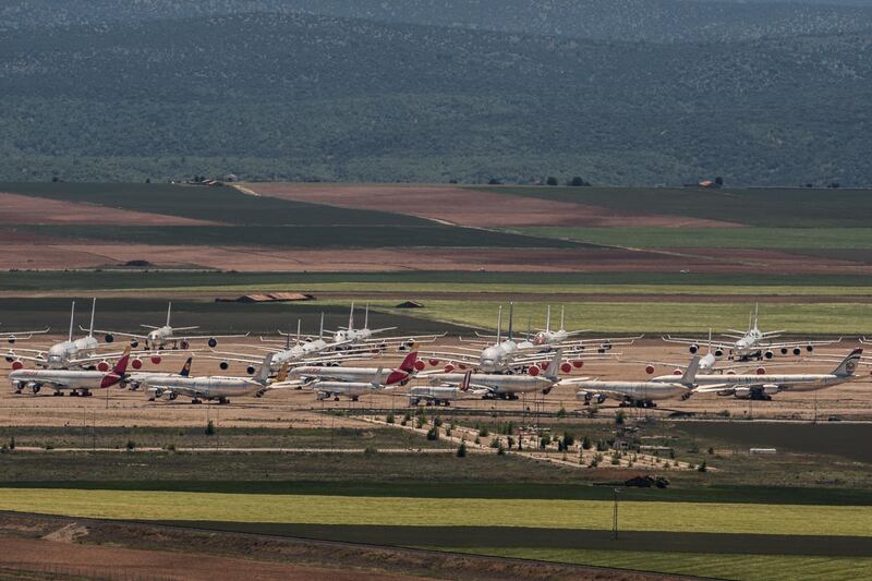 TERUEL, SPAIN - MAY 18:  Passenger aircraft operated by Europe's major carriers stand parked in a storage facility operated by TARMAC Aerosave at Teruel Airport on May 18, 2020 in Teruel, Spain. The airport, which is used for aircraft maintenance and storage, has received increased demand as the Covid-19 pandemic forces the world's major carriers to ground planes. (Photo by David Ramos/Getty Images)