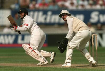 8 June 1996:  Sachin Tendulkar on his way to a century against England with Jack Russell looking on during the third days play in the First England v India Cornhill Test Match at Edgbaston. Mandatory Credit: Adrian Murrell/ALLSPORT