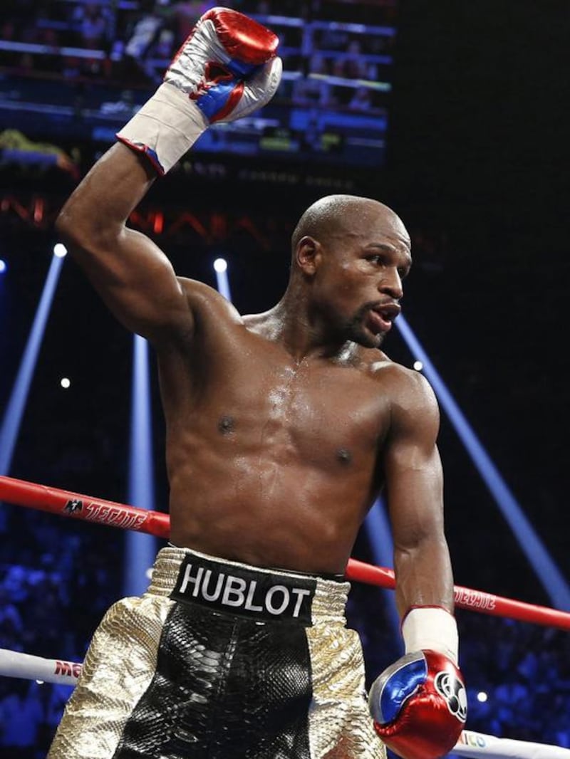 Floyd Mayweather celebrates after his fight against Manny Pacquiao in Las Vegas. AP