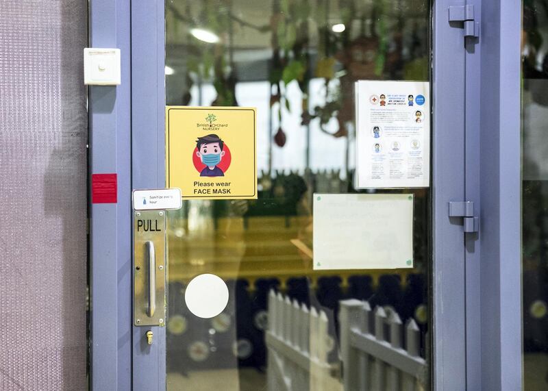 DUBAI, UNITED ARAB EMIRATES.12  OCTOBER 2020. 
“Please wear a face mask” sign at the entrance of British Orchard Nursery in Dubai Silicon Oasis.
(Photo: Reem Mohammed/The National)

Reporter:
Section: