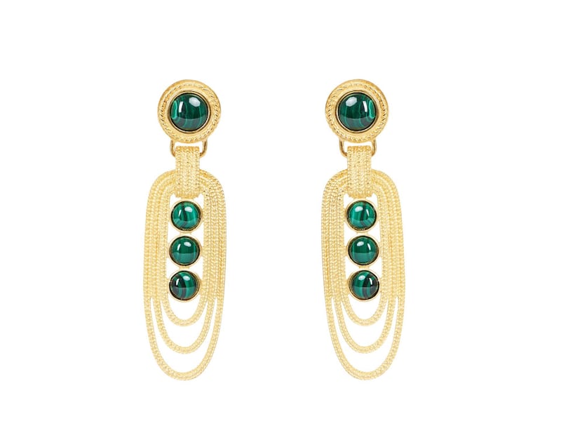 Ben Amun earrings at Bloomingdale's. Vivid lines are the hallmark of malachite, and here the patterning is really brought out by loops of gold, which in turn enrich the shade of green