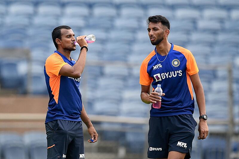 India fast bowlers T Natarajan, left, and Prasidh Krishna during training. AFP