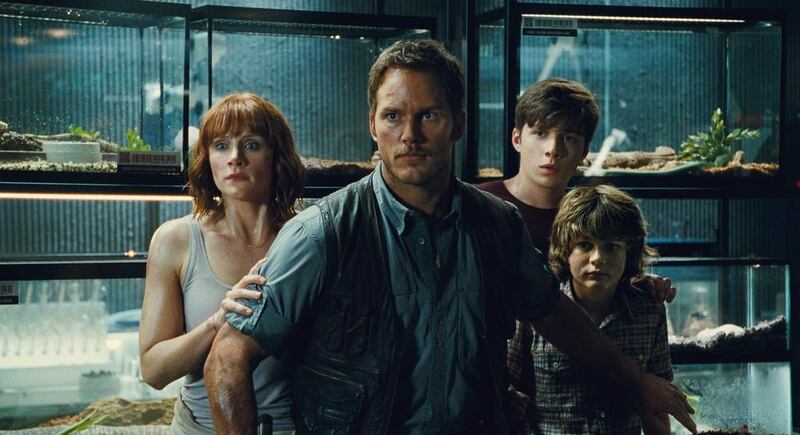 From left, Bryce Dallas Howard as Claire, Chris Pratt as Owen, Nick Robinson as Zach, and Ty Simpkins as Gray, in a scene from Jurassic World, directed by Colin Trevorrow, in the next instalment of Steven Spielberg's groundbreaking Jurassic Park series. Universal Pictures / Amblin Entertainment via AP